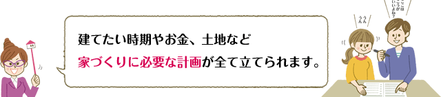 建てたい時期やお金、土地など家づくりに必要な計画が全て立てられます。